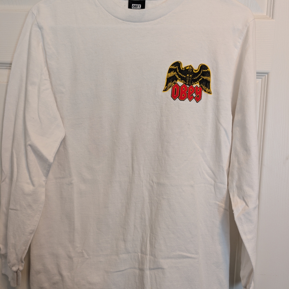 Obey Men's White Long Sleeve Tee with Eagle Logo
